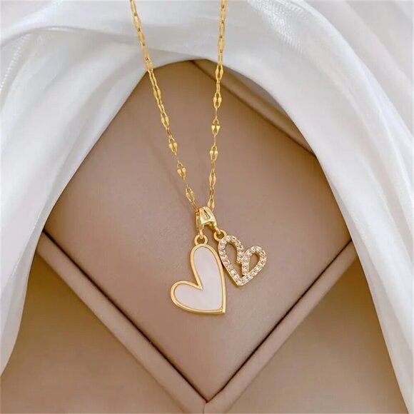 Jewelry - NEW Chic Double-Layer Heart Pendant Necklace Gold with CZ Stones & White Heart